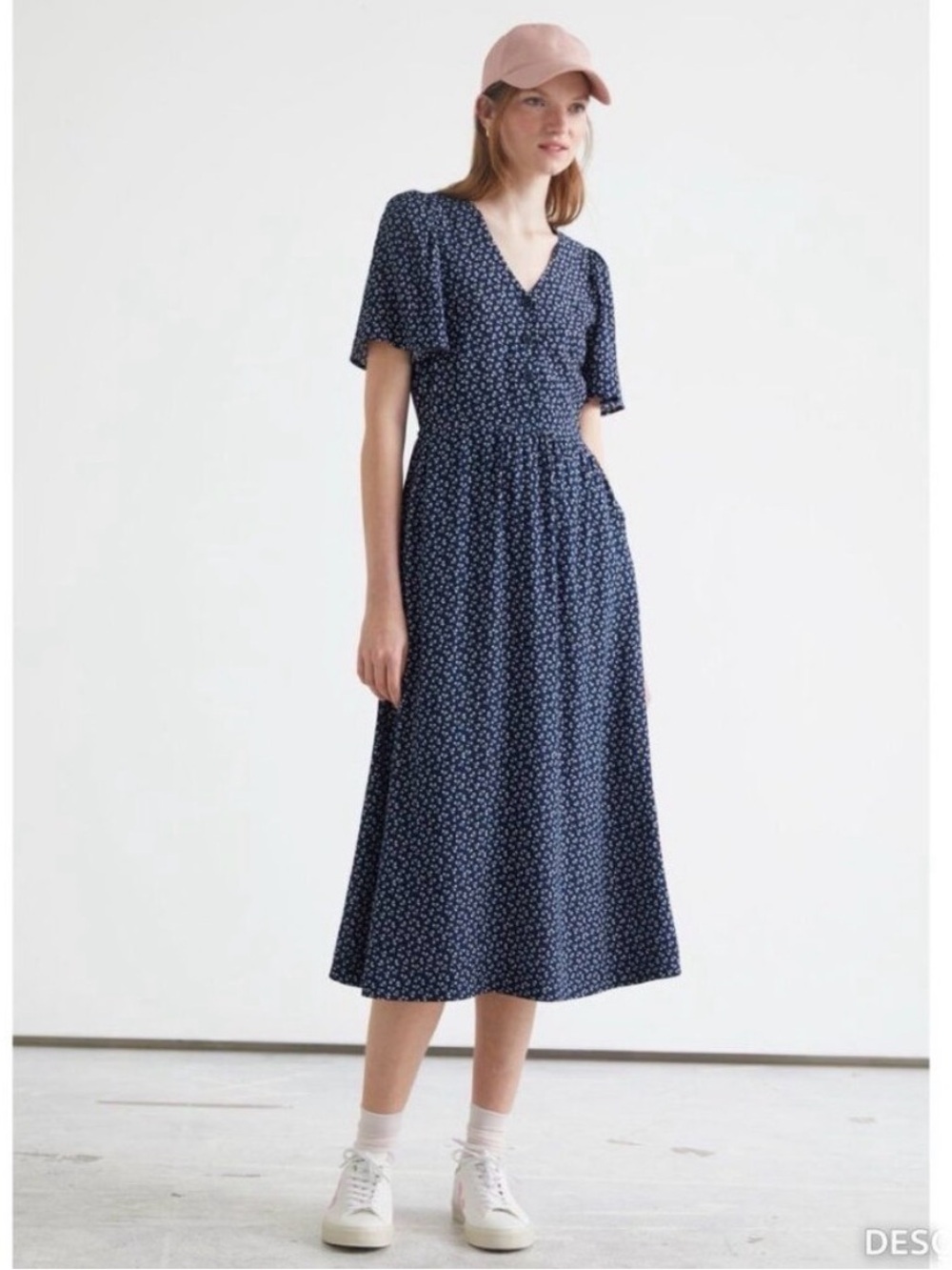 & Other Stories Flutter Sleeve Floral V-Neck Midi Dress